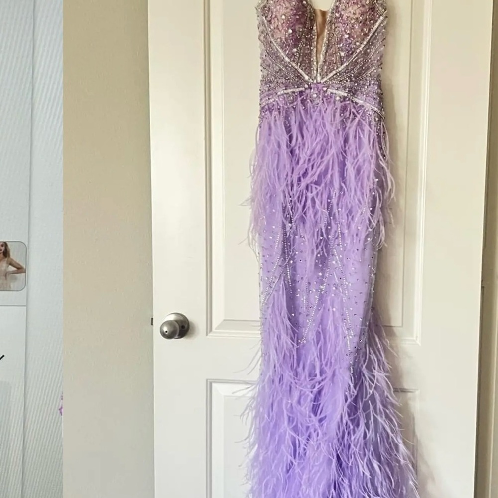 JOVANI Lavender Feathered Gown with Beaded Bodice